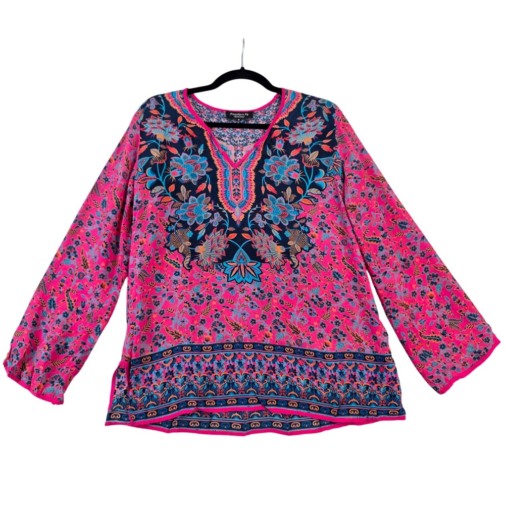 Feathers by Tolani Pink Floral Medallion V-Neck Tunic Blouse Beach Cover Small